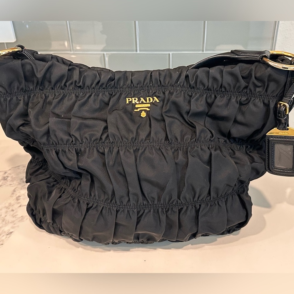 Prada Black Tessuto Nylon Gauffre Pleated Tote Bag